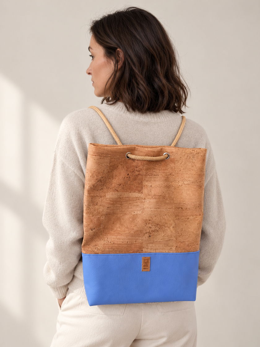 LERKE | 2-in-1 Tasche und Rucksack | kork/blau)